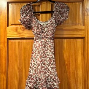 Red and Brown Puffed Sleeve Cut Out Mini Dress